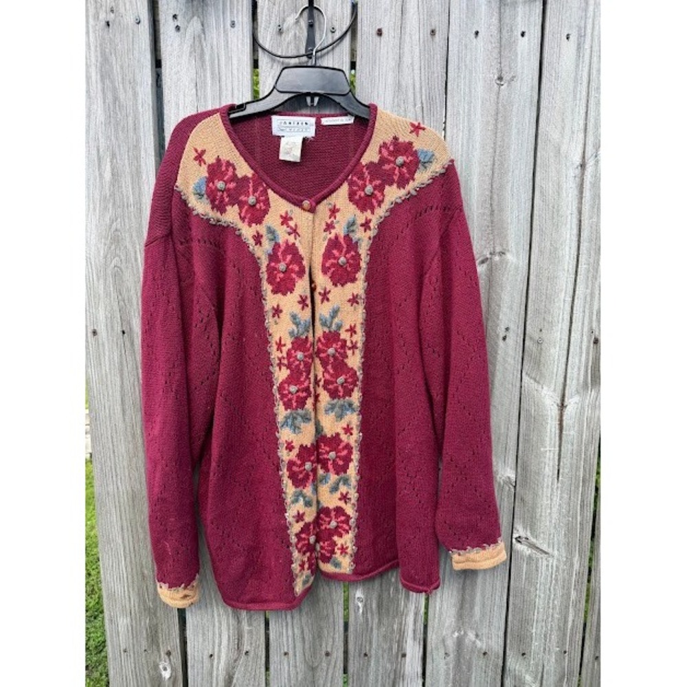 Vintage Jantzen Cardigan Sweater Womens 1X Burgundy Floral Hand Embroidered Knit